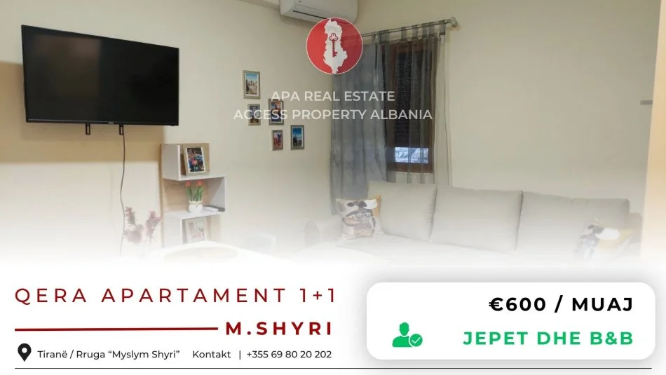 Tirane, jepet me qera apartament 1+1 Kati 1, 60 m² 600 € (Rruga Myslym Shyri)