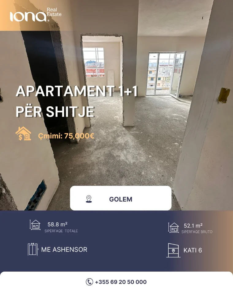 Golem, shitet apartament 1+1 Kati 6, 59 m² 75.000 € 