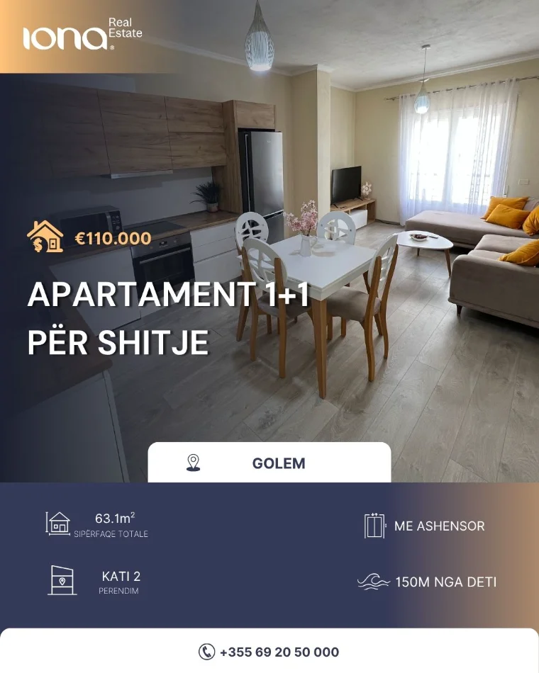 Golem, shitet apartament 1+1 Kati 2, 63 m² 110.000 € (150 m larg detit)