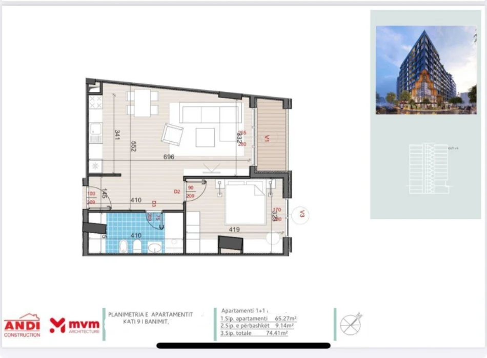 Tirane, shitet apartament 1+1+Ballkon Kati 9, 75 m² 161.000 € (Kompleksi Golden Gate Ali Dem)