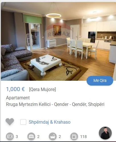 Tirane, jepet me qera apartament 2+1 Kati 4, 118 m² 1.000 € (AFER TOPTANIT NE QENDER)