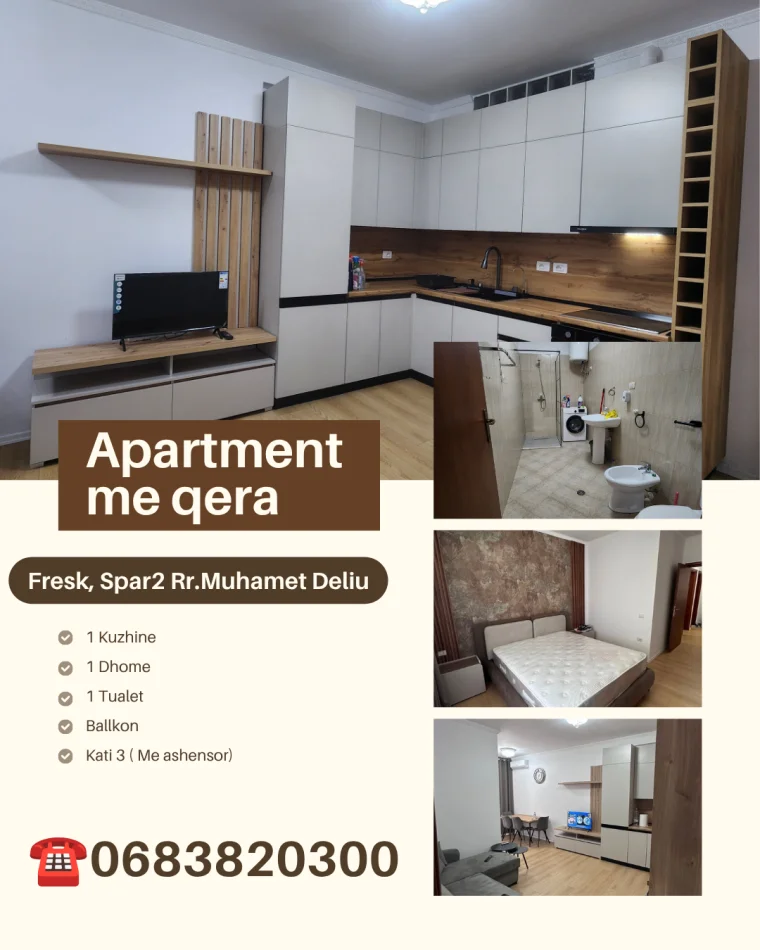 Tirane, jepet me qera apartament 1+1+Ballkon Kati 3, 66 m² 40.000 ALL (Rruga Muhamet Deliu. Tek Spar 2)