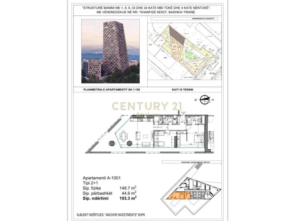 Tirane, shitet apartament 2+1 Kati 10, 193 m² 338.500 € 