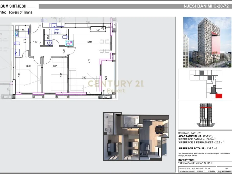 Tirane, shitet 2+1+Ballkon Kati 20, 133 m² 360.720 € (expert107717)
