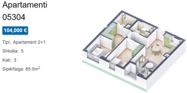 Tirane, shes apartament 2+1+BLK Kati 3, 86 m² 104.000 Euro (Ali Demi)