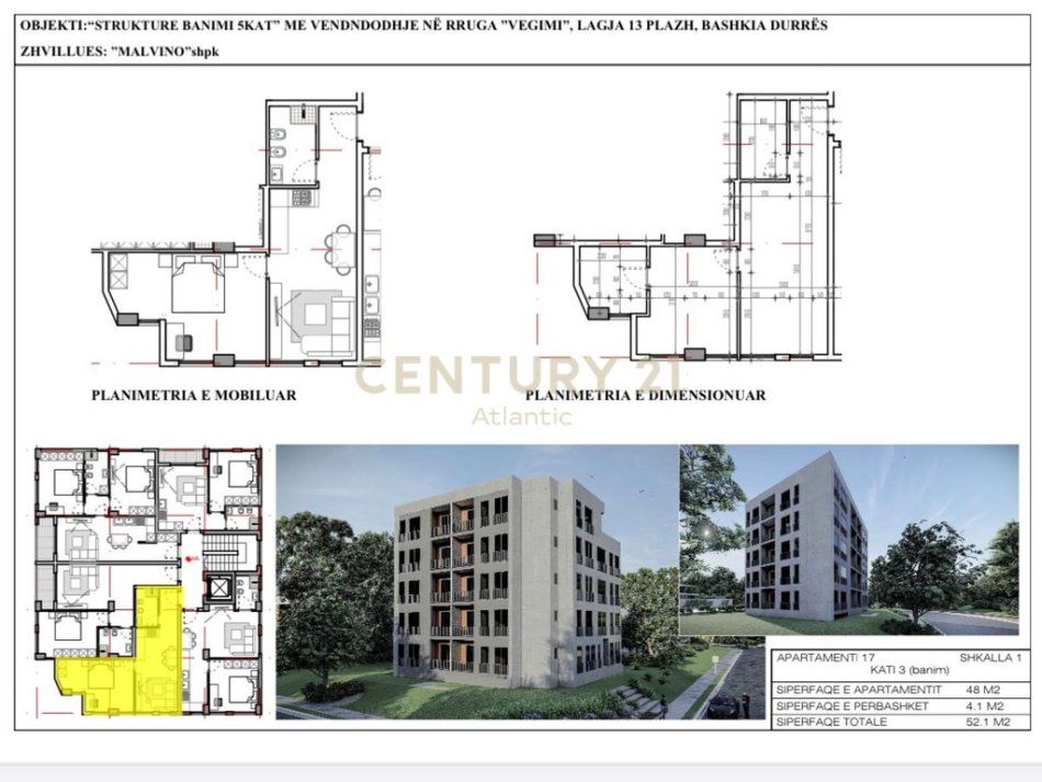 Durres, shitet apartament 1+1 Kati 3, 52 m² 62.520 € 