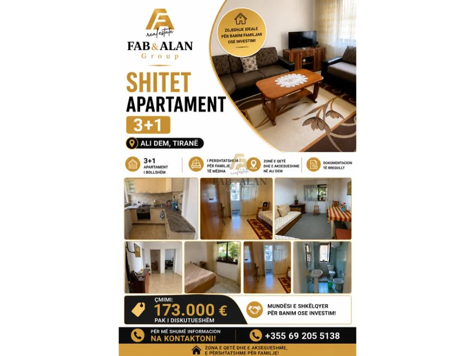 Tirane, shitet apartament 3+1+Ballkon Kati 0, 173.000 € (Ali Demi)