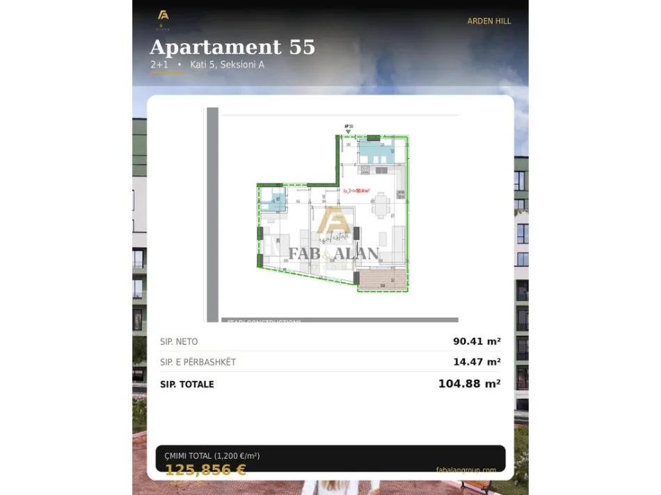 shitet apartament Kati 5, 104 m² 125.856 € (Arden Hill në zonën e Paskuqanit,)
