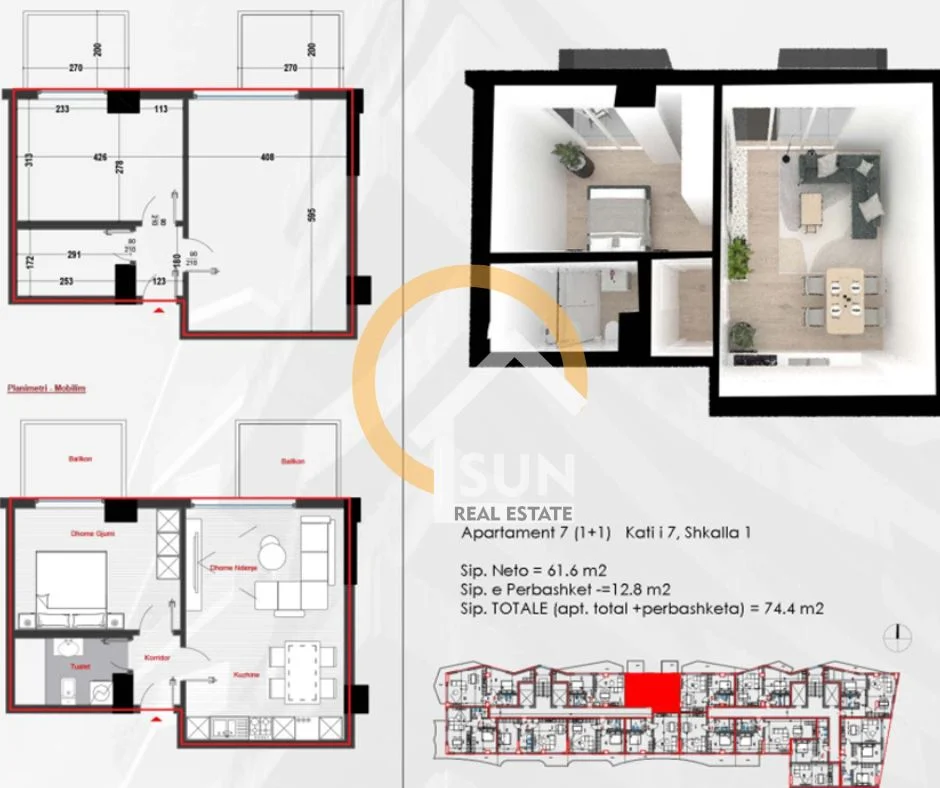 Shkoder, shitet apartament 1+1+Ballkon Kati 7, 74 m² 126.480 € (KUNE, SHENGJIN)