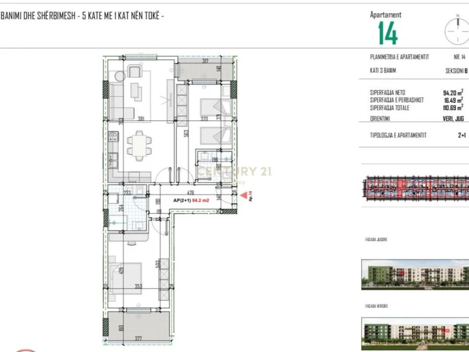 Tirane, shitet 2+1+Ballkon Kati 3, 111 m² 88.600 € 