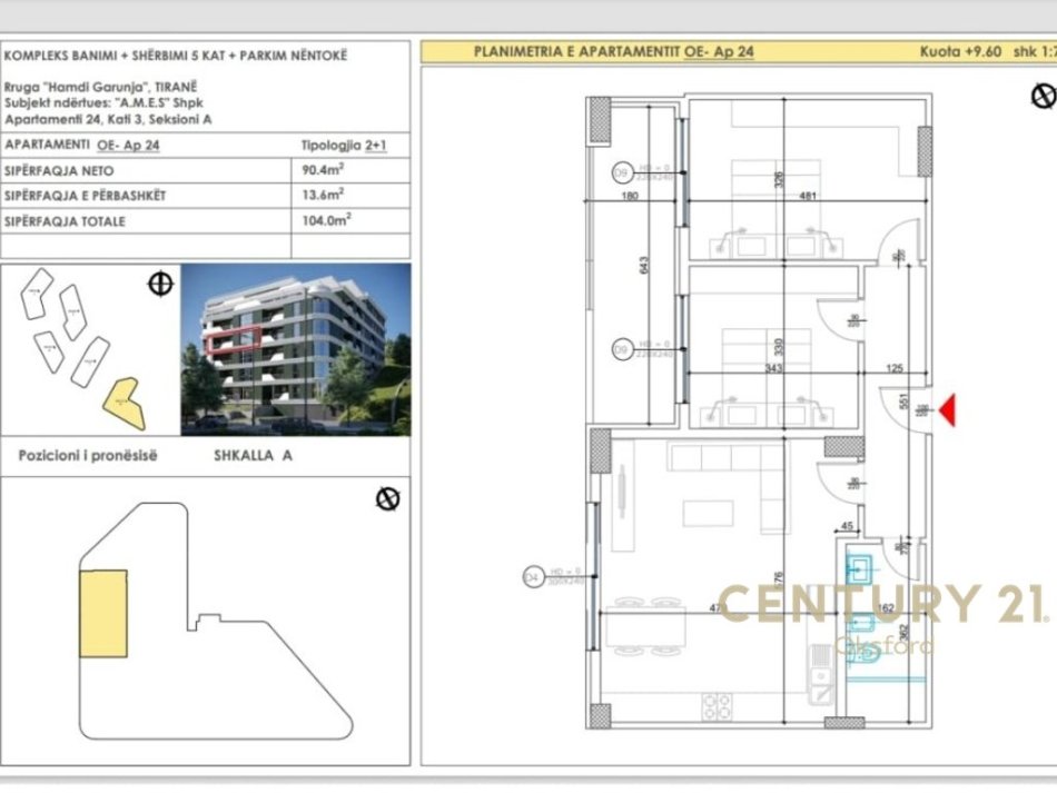 Tirane, shitet apartament 2+1 Kati 3, 90 m² 182.000 € 