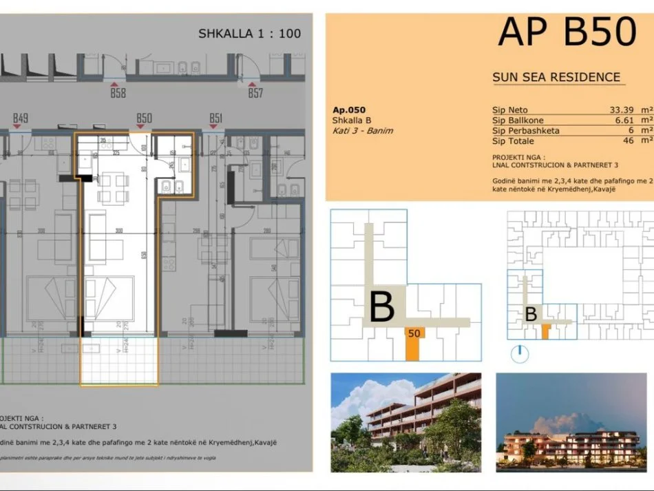 Golem, shitet garsonier 1+1+Ballkon Kati 3, 46 m² 52.900 € 