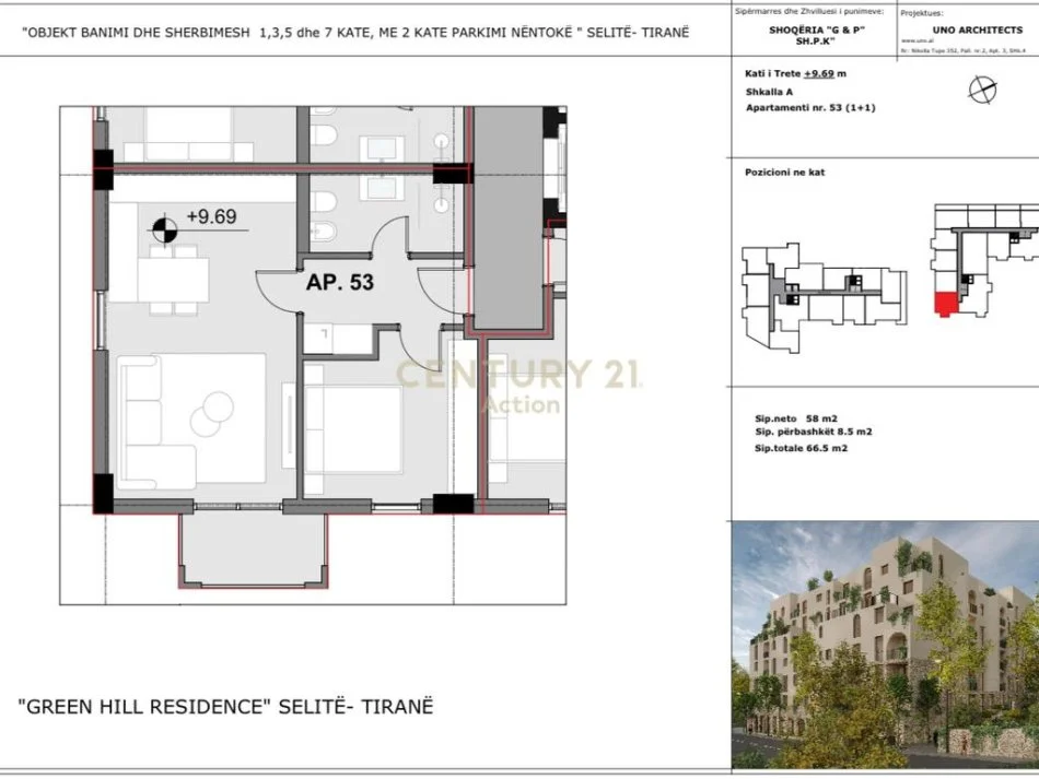Tirane, shes apartament 1+1 Kati 3, 67 m² 110.000 € (Selite)