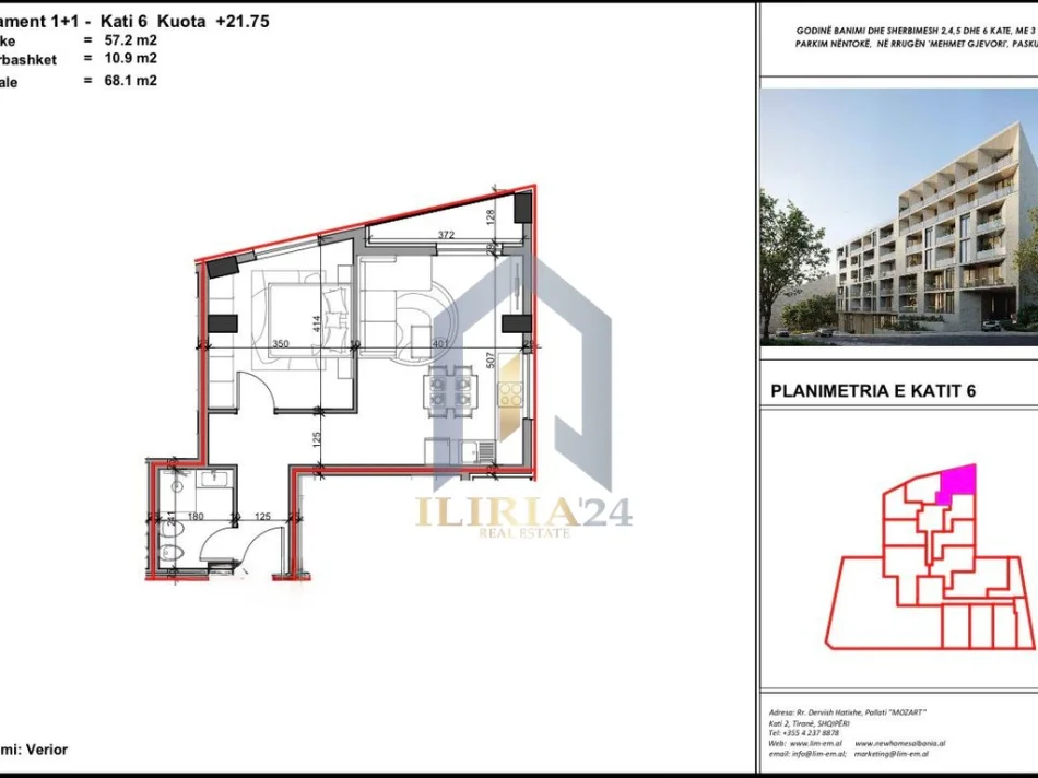 Tirane, shes apartament 1+1+Ballkon Kati 6, 68 m² 64.695 € (Aluna Kompleks 5 Apartament 1+1 per shitje OKAZION)