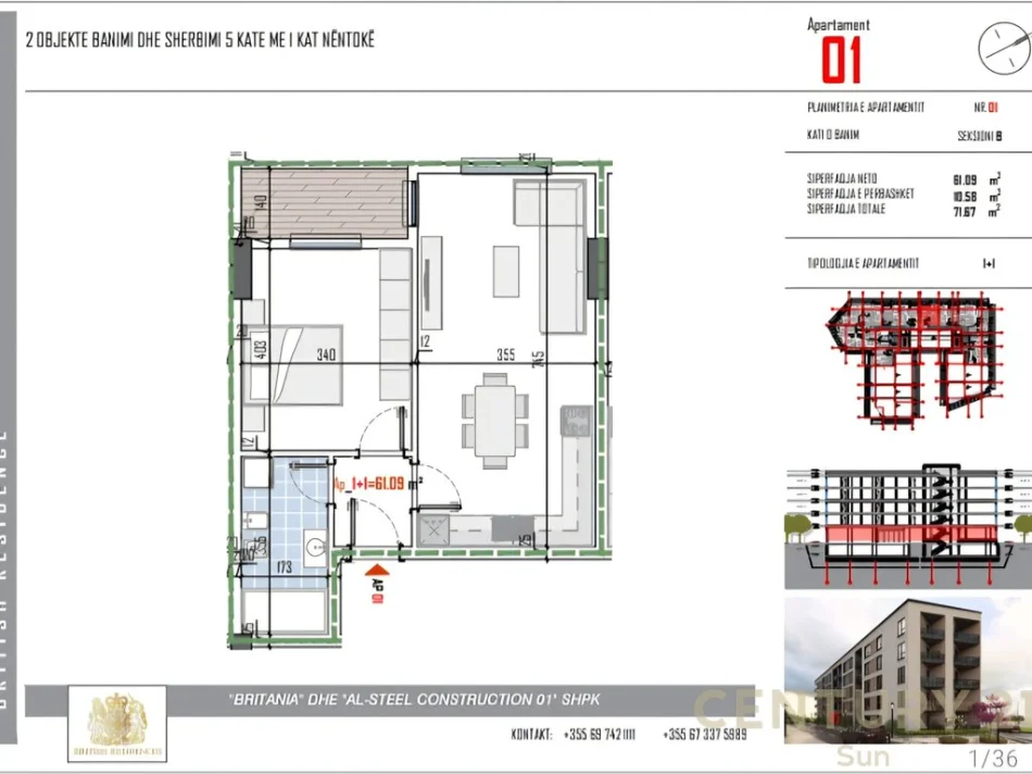 Tirane, shitet apartament 1+1 Kati 2, 72 m² 71.700 € (në British Residence)