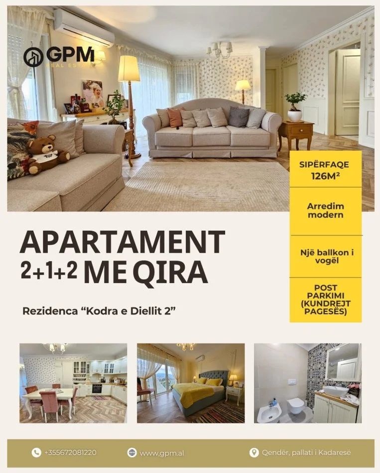 Tirane, jepet me qera super  Apartament 2+1 ne Rezidencen Kodra e Diellit 2 , 126 m².