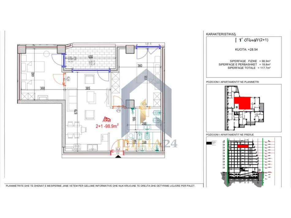Tirane, shes apartament 2+1+Ballkon Kati 7, 118 m² 245.000 € (Apartament 2+1+post parkimi për Shitje tek Mara Residence Don Bosko)