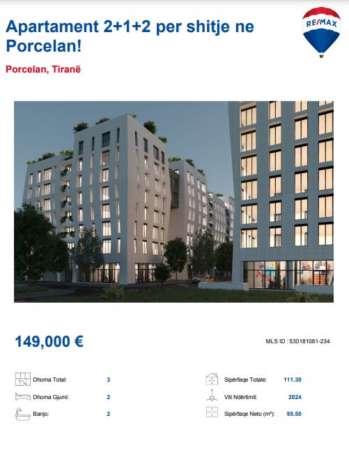 Tirane, shitet apartament 2+1 Kati 4, 115 m² 149.000 € (PORCELAN)