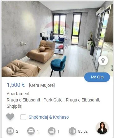 Tirane, jepet me qera apartament 1+1 Kati 2, 85 m² 1.500 € (rruga Elbasanit Park Gate)