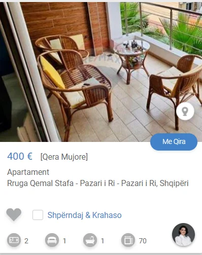 Tirane, jepet me qera apartament 1+1 Kati 1, 70 m² 400 € (pazar i ri)