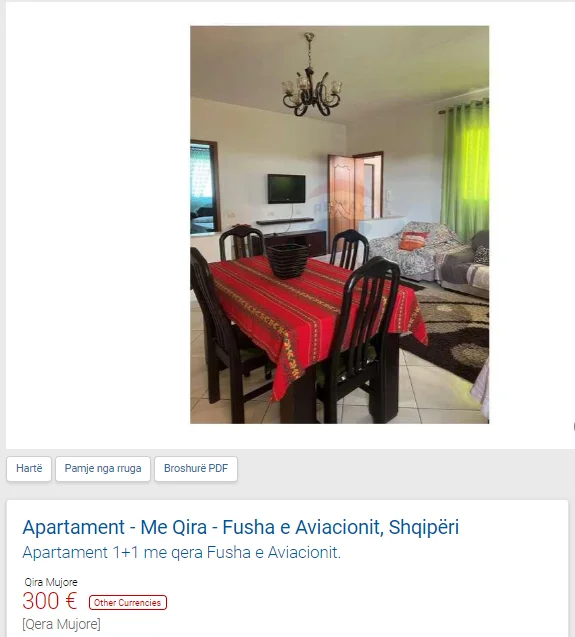 Tirane, jepet me qera apartament 1+1 Kati 2, 65 m² 300 € (FUSHA E AVIACIONIT)