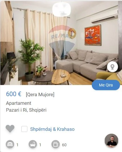 Tirane, jepet me qera apartament 1+1 Kati 3, 60 m² 600 € (PAZAR I RI)