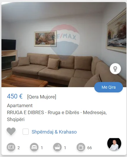 Tirane, jepet me qera apartament 1+1 Kati 1, 65 m² 450 € (RRUGA E DIBRES)