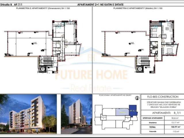 Tirane, shes apartament 2+1+BLK Kati 7, 104 m² 155.000 Euro (rruga e dibres)