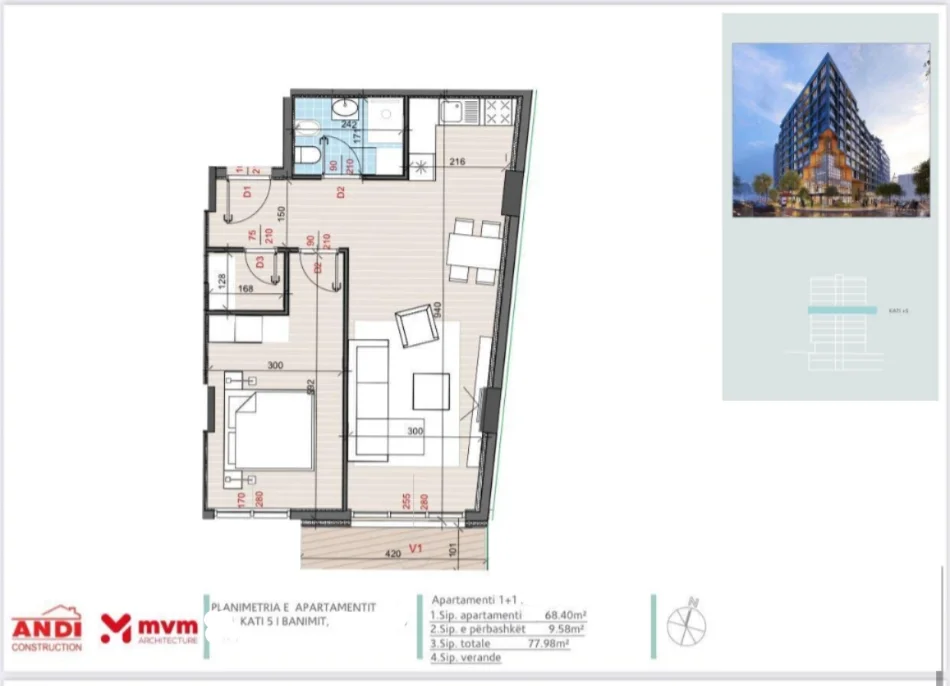 Tirane, shitet apartament 1+1+Ballkon Kati 5, 78 m² 168.650 € (Kompleksi Golden Gate Ali Dem)