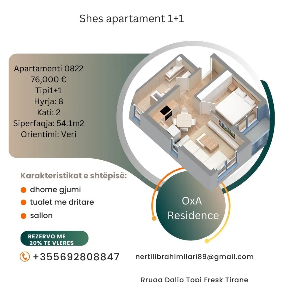 Tirane, shes apartament 1+1+Ballkon, Kati 2, 54 m² 76,000 € (Rruga Dalip Topi)
