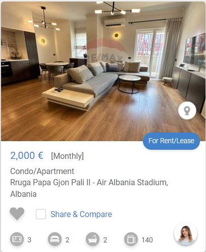 Tirane, jepet me qera apartament 3+1 Kati 8, 140 m² 2.000 € (TEK COIN STADIUMI AIR ALBANIA)