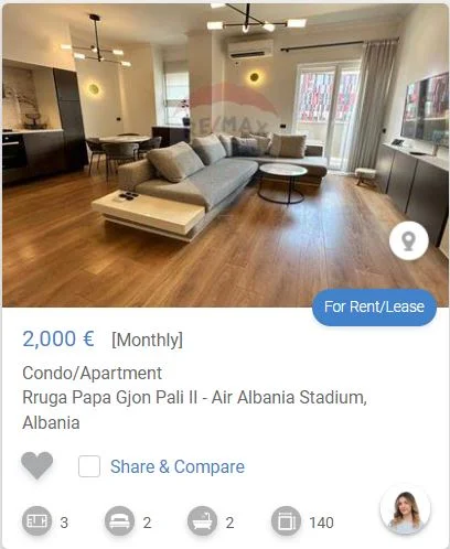 Tirane, jepet me qera apartament 3+1 Kati 8, 140 m² 2.000 € (TEK COIN STADIUMI AIR ALBANIA)