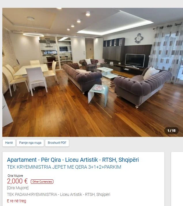 Tirane, jepet me qera apartament 3+1 Kati 6, 200 m² 2.000 € (TEK PADAMI , KRYEMINISTRIA)