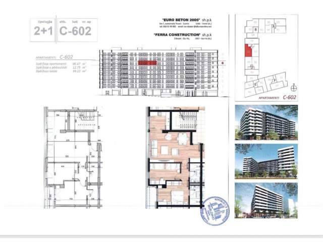 Tirane, shes apartament 2+1+BLK Kati 6, 99 m² 124.000 Euro (Don Bosko)