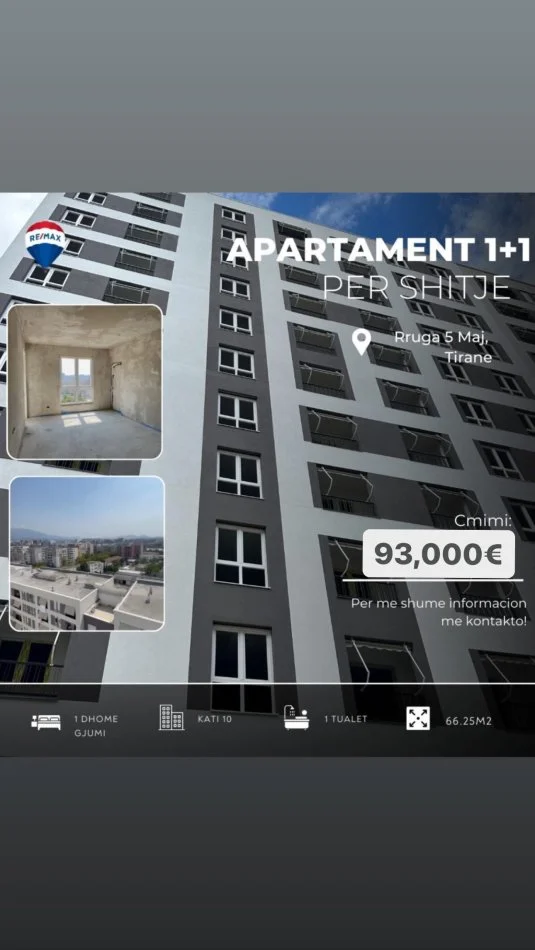 Tirane, shitet apartament 1+1 Kati 10, 66 m² 93.000 € (SHESIM APARTAMENT 1+1 RRUGA 5 MAJI!)