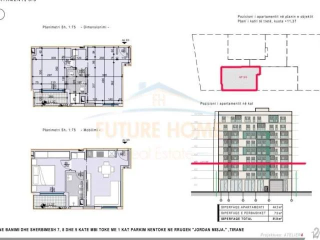 Tirane, shitet apartament 1+1 Kati 3, 52 m² 77.700 Euro (Rruga Jordan Misja)