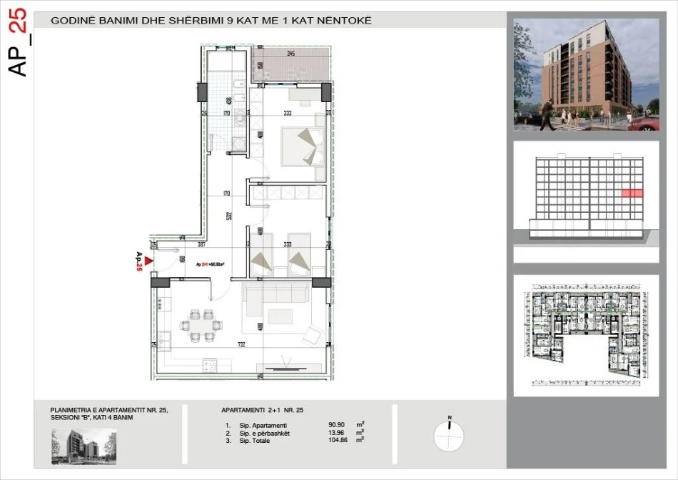 Tirane, shitet apartament 2+1 Kati 4, 107 m² 128.200 € (Ne fund  te bulevardit te ri)
