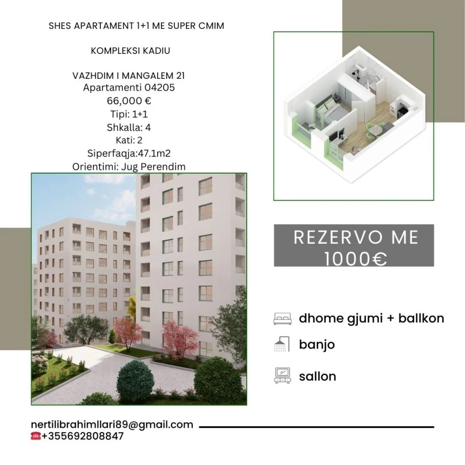 Tirane, shes apartament 1+1+Ballkon Kati 2, 47 m² 66.000 € (Rruga Pasho Hysa)