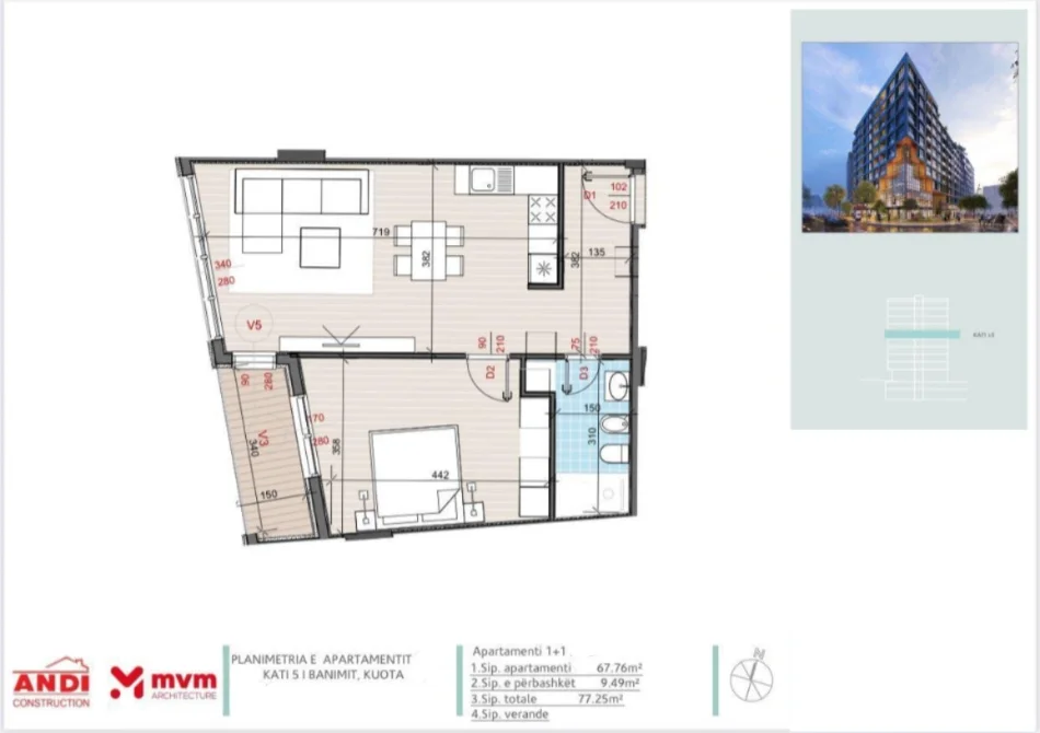 Tirane, shitet apartament 1+1+Ballkon Kati 5, 77 m² 167.000 € (Kompleksi Golden Gate Ali Dem)