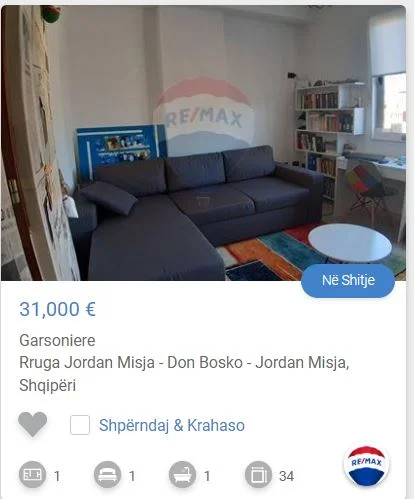 Tirane, shitet garsonier 1+1 Kati 2, 34 m² 31.000 € (JORDAN MISJA DON BOSCO)
