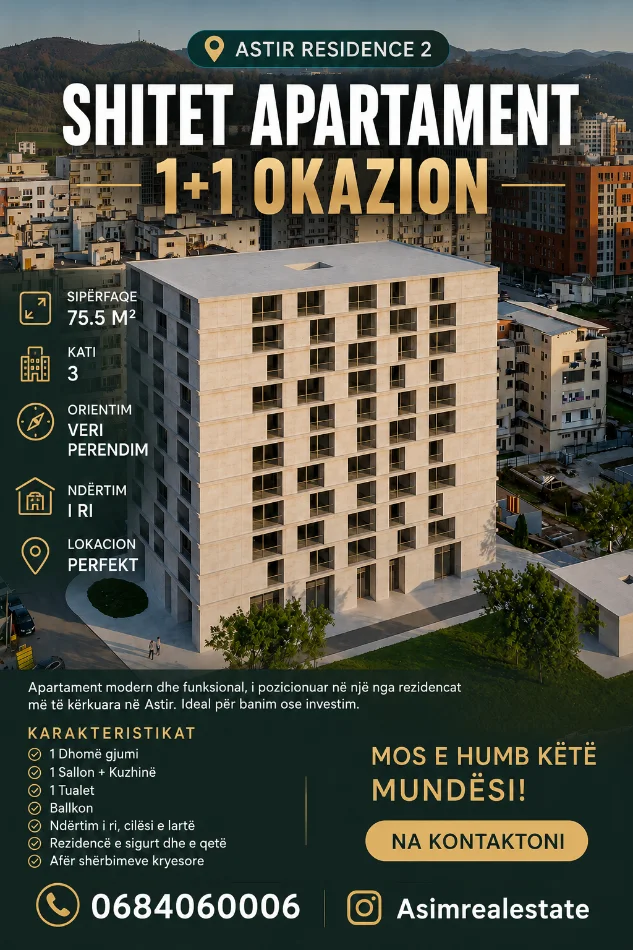 Tirane, shitet apartament 1+1 Kati 3, 75 m² 