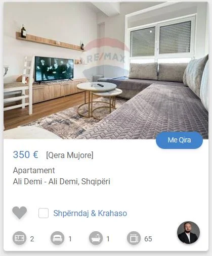 Tirane, jepet me qera apartament 1+1 Kati 4, 60 m² 350 € (ALI DEMI)
