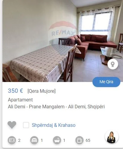 Tirane, jepet me qera apartament 1+1 Kati 4, 65 m² 350 € (ALI DEMI)