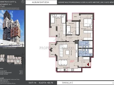 Tirane, shitet apartament 3+1+Ballkon Kati 14, 151 m² 377.500 € (Rruga Muhamet Gjollesha)