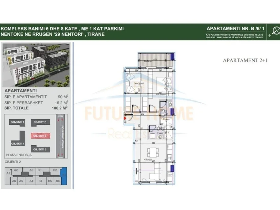 Tirane, shitet 2+1 Kati 6, 90 m² 132.750 € (Rruga Allaman Dervishi)