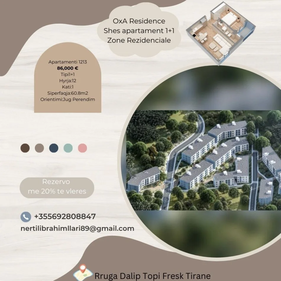 Tirane, shes apartament 1+1+Ballkon Kati 0, 61 m² 86.000 € (Rruga Dalip Topi Fresk Tirane)