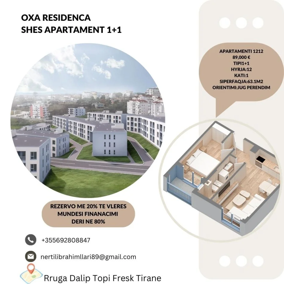 Tirane, shes apartament 1+1+Ballkon Kati 1, 63 m² 89.000 € (Rruga Dalip Topi Fresk Tirane)