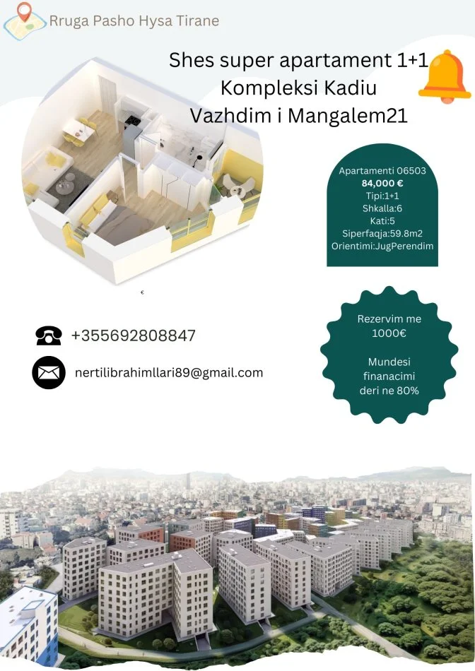 Tirane, shes apartament 1+1+Ballkon Kati 5, 60 m² 84.000 € (Rruga Pasho Hysa Tirane)