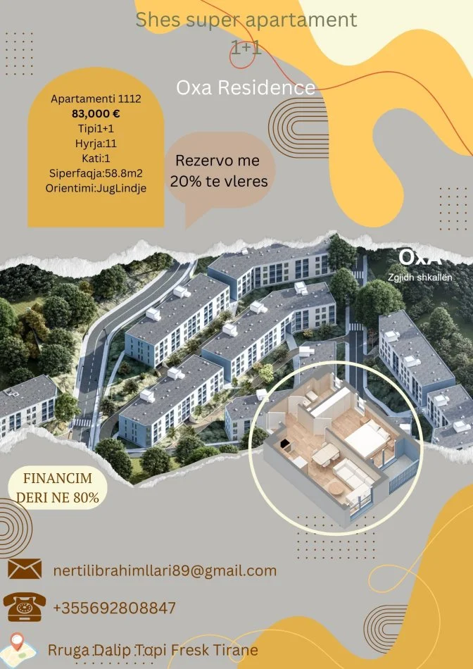 Tirane, shes apartament 1+1+Ballkon Kati 1, 59 m² 83.000 € (Rruga Dalip Topi Fresk Tirane)