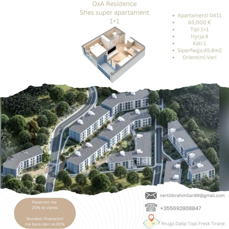 Tirane, shes apartament 1+1+Ballkon Kati 0, 46 m² 65.000 € (Rruga Dalip Topi Fresk Tirane)